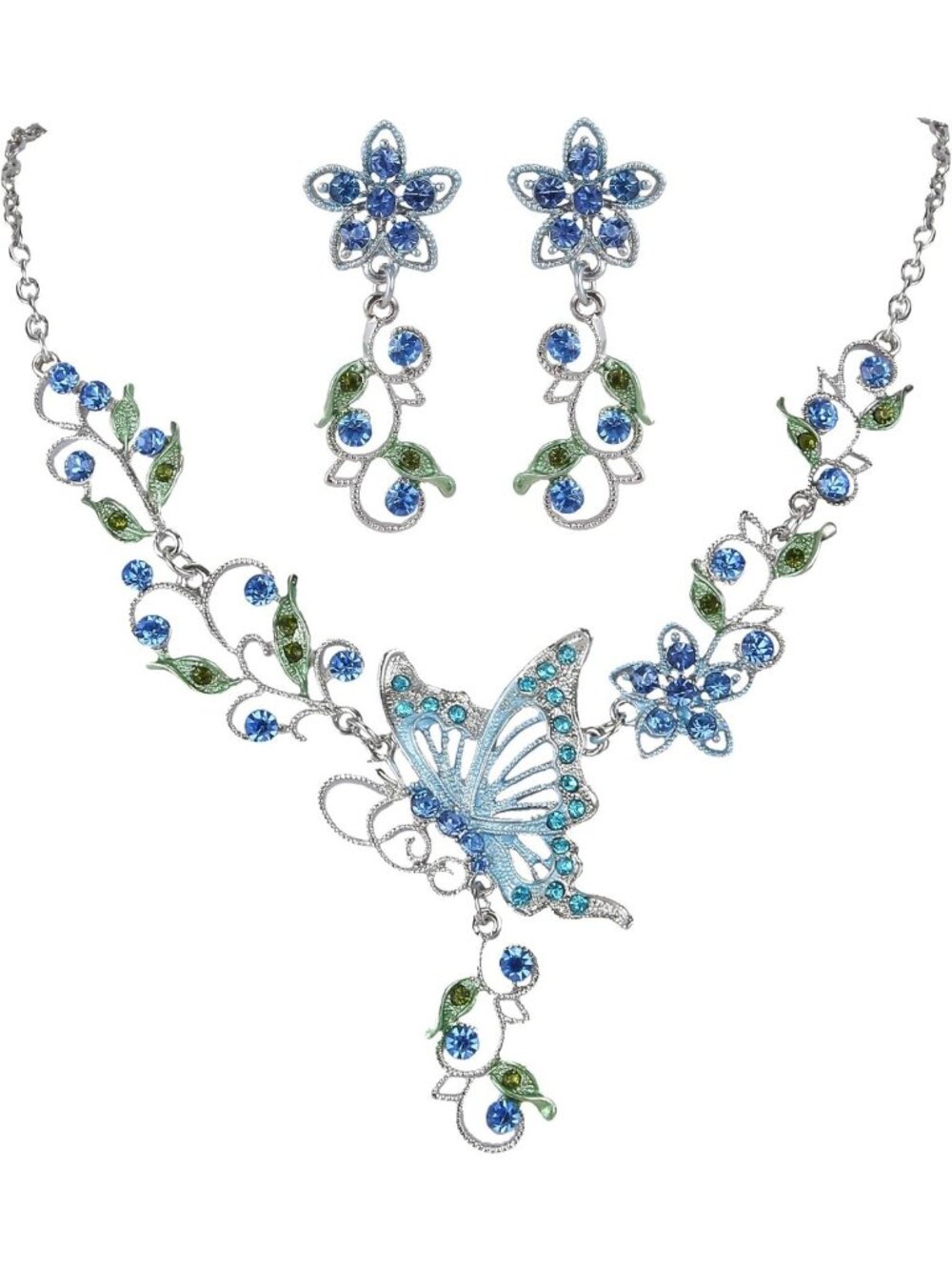Stunning Crystal Butterfly Flower Leaf Necklace & Earrings Jewelry Set